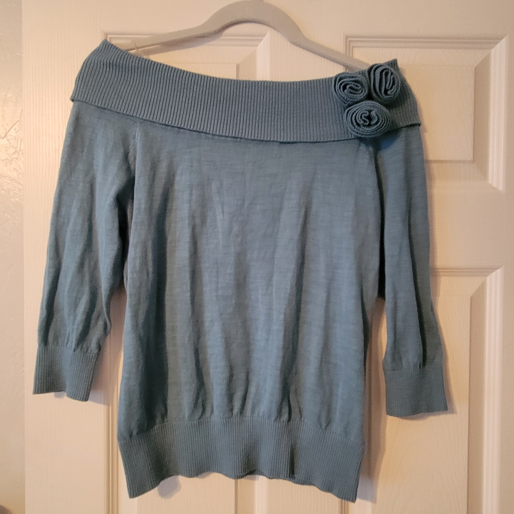 Forever 21 Light Blue Off-Shoulder Sweater with Rosette Detail